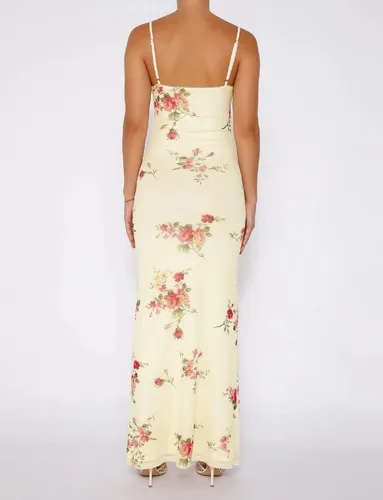 Vista 5 de Elegante vestido largo largo para mujer, con tirantes delgados, floral, vestido midi ajustado, sin espalda, para fiesta nocturna, vestidos sexys