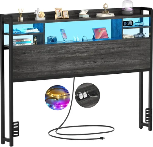 Vista 12 de Aheaplus Cabecero para cama de tamaño individual con almacenamiento, cabeceros con luz LED, tomas de corriente, puertos USB, tamaño individual