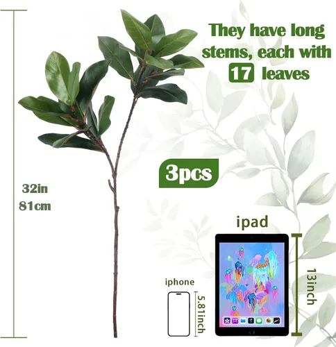 Vista 3 de 3 ramas de magnolia sintética de 32 pulgadas con 17 hojas de vegetación artificial, tallos largos, hojas de plátano falsas realistas, plantas