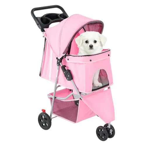 Vista 8 de DUMOS Cochecito de 3 ruedas para perros y gatos pequeños, cochecito plegable para perros con ventanas de malla, cesta de almacenamiento y soporte