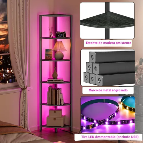 Vista 6 de Furnulem Estante esquinero de 6 niveles con luz LED, organizador de estante de pie de 67.5 pulgadas de alto, estantería estrecha negra con estante