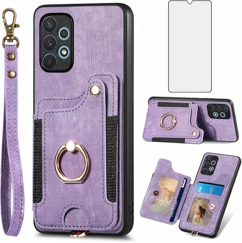 Vista 10 de Funda para teléfono Samsung Galaxy A32 5G 2021 de 6.5 pulgadas con protector de pantalla de vidrio templado, correa de muñeca, cordón