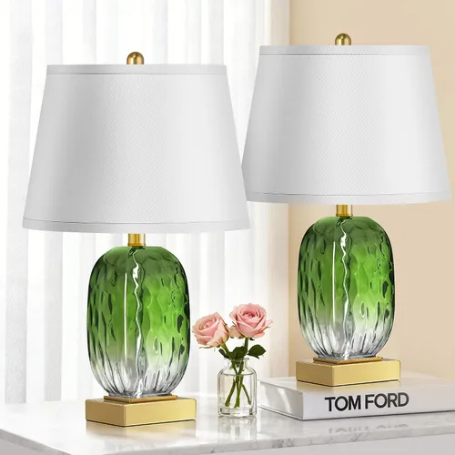 Vista 12 de Juego de 2 lámparas de mesa con control táctil, lámpara de noche de cristal verde azulado costero con puertos USB A+C, lámparas de mesa de noche