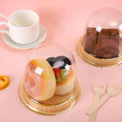 Vista 6 de Whaline - 50 juegos de envases desechables individuales para embutidos, cajas de pastel redondas de plástico transparente con tapas de cúpula, mini
