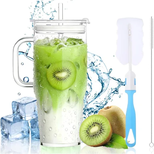 Vista 8 de Birity Vasos de vidrio de 16 onzas con tapas y popotes, vaso de vidrio con popote y tapa, tazas de café helado reutilizables para té, jugo