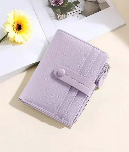 Vista 5 de Billetera RFID para mujer, billetera compacta y delgada para tarjetas de crédito, de cuero PU, de dos pliegues, con efectivo con bolsillo