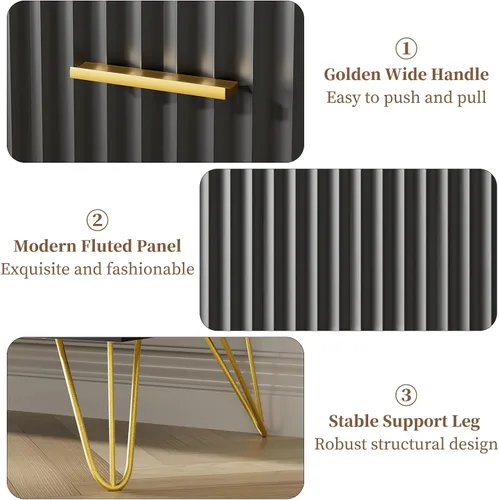 Vista 3 de JOZZBY Cómoda acanalada para dormitorio, cómoda negra de 6 cajones con asas doradas, cómodas de almacenamiento modernas y cómodas para pasillo