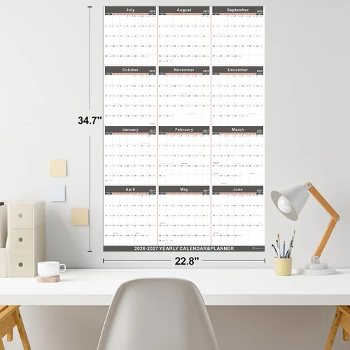 Vista 3 de Vibrant Focus Calendario anual de pared, calendario de pared anual 2026-2027 y planificador con papel grueso, julio 2026 a junio 2027, XL, 34.7 x