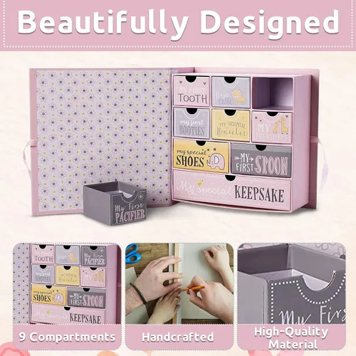 Vista 2 de Caja de recuerdos para bebé VOTUM para recuerdos preciados, de estilo de cuento de hadas - Cajas ligeras y hechas a mano con 9 compartimentos