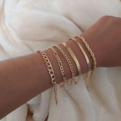 Vista 3 de Roe Dolph Pulseras apilables de oro para mujer, juego de pulseras de tobillo bohemias, pulseras de cadena cubana en capas, pulseras de cadena
