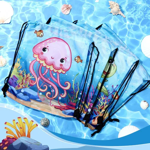 Vista 4 de Frienda 12 bolsas con cordón para fiestas oceánicas, mochila bajo el mar con criaturas para niños, suministros de fiesta de cumpleaños en el océano