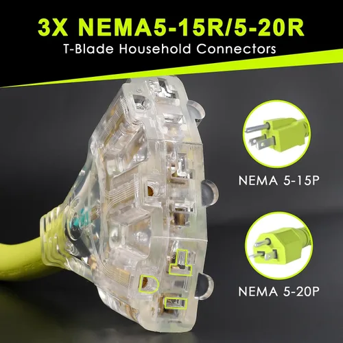 Vista 4 de Cable Adaptador de Generador RV de 30 Amperios a 20 Amperios 110, Adaptador de Distribución NEMA L5-30P a 3X 5-15R/5-20R con Indicador de Energía