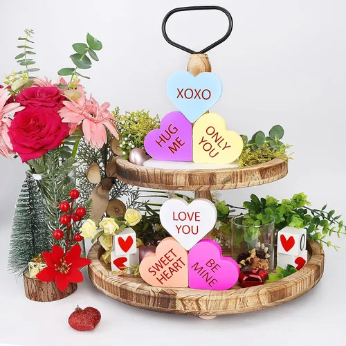 Vista 2 de Decoración del Día de San Valentín, 6 Letreros de Corazón de Madera con Doble Impresión para el Hogar, Mesa, Bandeja Escalonada, Repisa de Chimenea