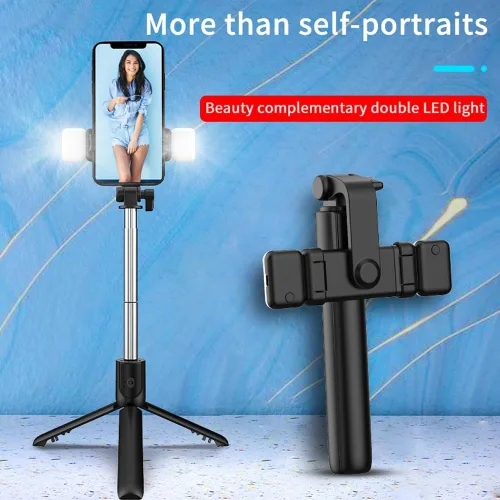 Vista 4 de Trípode selfie stick con luz de relleno, 40 pulgadas extensible y portátil estable trípode para selfie stick con control remoto inalámbrico Negro