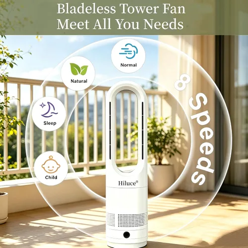 Vista 6 de Hiluce Ventilador sin aspas para todas las estaciones, combo de calentador de espacio de 1400W y ventilador de torre de 40W con control remoto