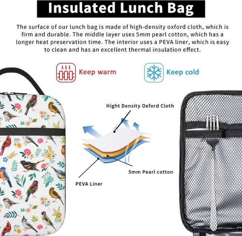 Vista 4 de FREEHOTU Lonchera con diseño de pájaros en acuarela, doble aislamiento, a prueba de fugas, bolsa de mano, organizador de almuerzo para trabajo
