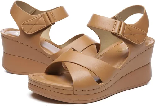 Vista 7 de Sandalias de cuña para mujer, con plataforma ajustable, correa de tobillo, sandalias cómodas con puntera abierta