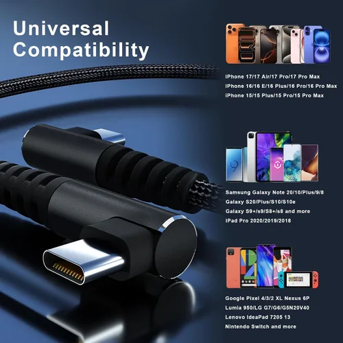 Vista 9 de Cable USB C a USB C de 100 W, 1 pie de 90 grados, nailon trenzado de carga
