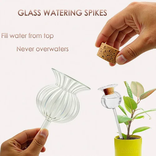 Vista 5 de Adabocute Globos de riego automático para plantas, picos de riego automático con corchos, dispositivos de bombillas de agua de vidrio transparente