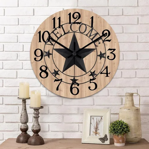 Vista 11 de Reloj de pared decorativo de 10 pulgadas con estrella del oeste de Texas, reloj de madera rústico, silencioso, sin tictac, funciona con pilas, reloj