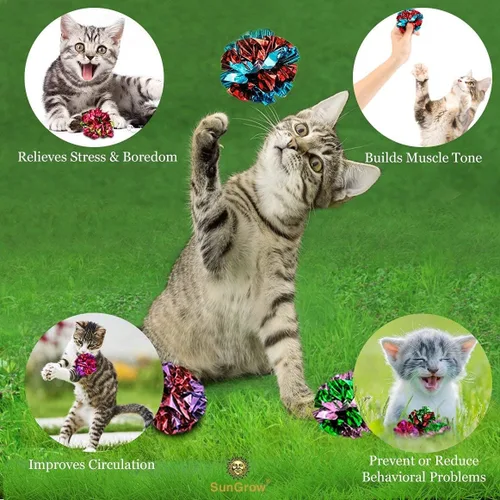 Vista 6 de SunGrow 24 bolas arrugadas de Mylar para gatos, 2 pulgadas para ejercicio para mantenerse en forma, ligeras, papel de aluminio brillante multicolor
