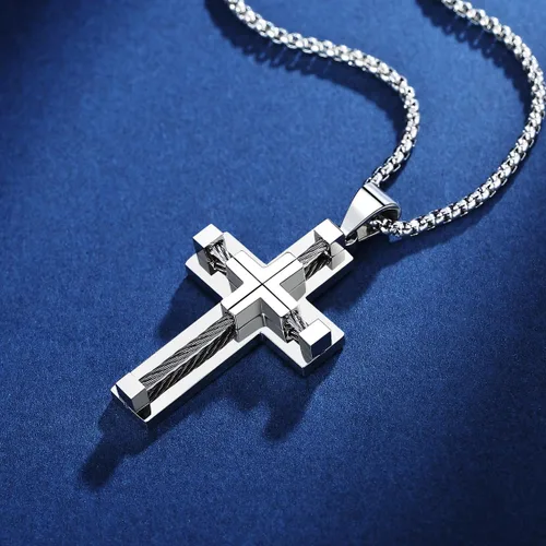 Vista 3 de Cross Necklace for Men 316L Stainless Steel Big Jesus Christ SilverGoldBlack Cross Pendant Necklace for boys Rolo Chain