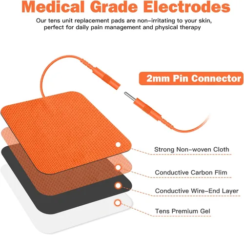 Vista 3 de 24 Pack 2''X2'' Large TENS Unit Electrode Pads, Orange Upgraded Reusable Tens Unit Replacement Pads with 2mm Connector, Compatible with AUVON