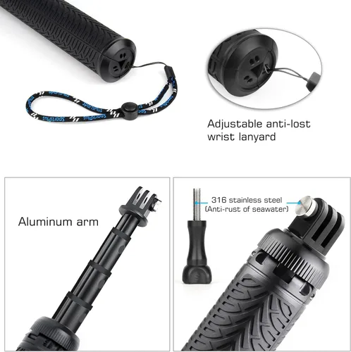 Vista 3 de GEPULY - Trípode impermeable de aluminio para cámara y teléfono For Insta360 DJI AKASO 316 Stainless Steel 8.5"-28"Diving Monopod Twist-Lock