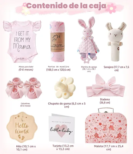 Vista 2 de Golray Regalos de baby shower para niñas, cestas de regalo para bebé niña con sonajero, conjunto de manta/enterizo, cosas esenciales para recién