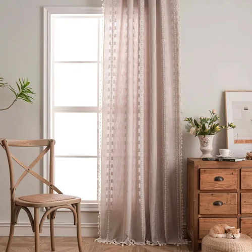 Vista 7 de Deeprove Cortina Boho de 96 pulgadas de largo para sala de estar, dormitorio, guardería, lino café semi-transparente transpirable de 96 pulgadas