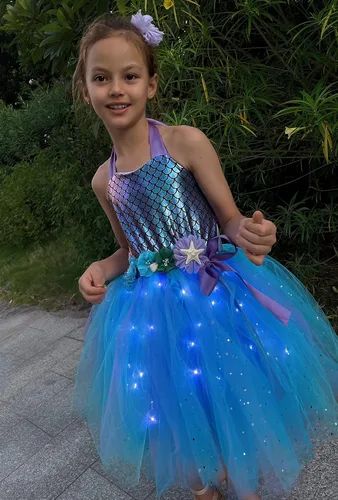 Vista 5 de Disfraz de sirena para niñas, vestido de sirena con luz LED para decoración de cumpleaños, regalos de Halloween