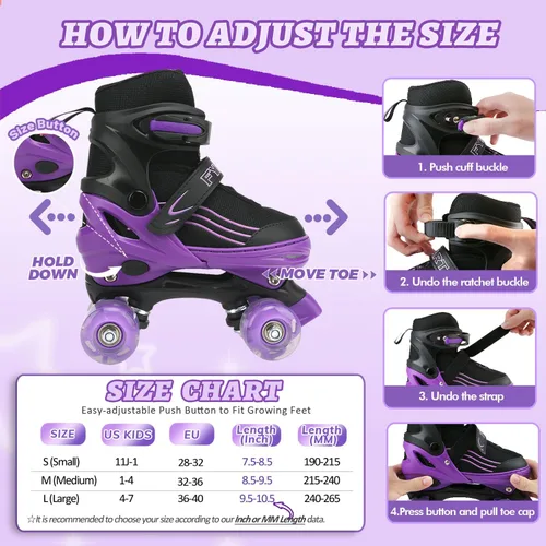 Vista 2 de Patines para niños y niñas, niños principiantes, 4 tamaños ajustables, patines cuádruples para niños y jóvenes, con ruedas iluminadas para deportes