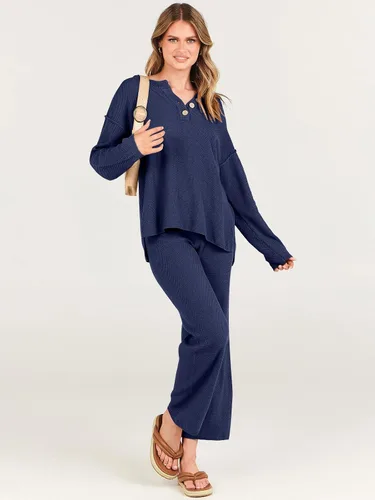 Vista 4 de ANRABESS Conjunto de 2 piezas para mujer, conjunto de suéter holgado holgado de punto de gran tamaño, conjunto de ropa de descanso a juego de moda