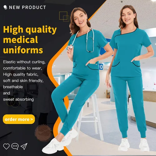 Vista 4 de niaahinn Conjuntos de uniforme médico para mujer, uniforme de enfermera, camiseta y pantalón deportivo, traje de trabajo de manga corta, diseño