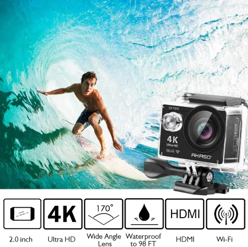 Vista 2 de AKASO EK7000 4K Cámara de acción Ultra HD Cámara subacuática 170 grados gran angular 98FT Cámara impermeable Control remoto negro