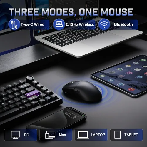 Vista 3 de YUNZII Ratón inalámbrico para juegos M1, mouse para juegos trimodo 2.4G/BT/cable, sensor PAW3311 10000 DPI recargable con 5 botones programables