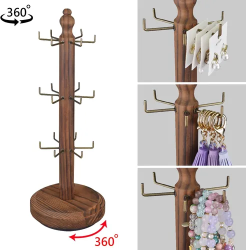 Vista 3 de MOOCA Soporte de exhibición de madera giratorio de 360 grados, soporte de accesorios de madera, soporte de tarjeta de pendientes con 18 ganchos