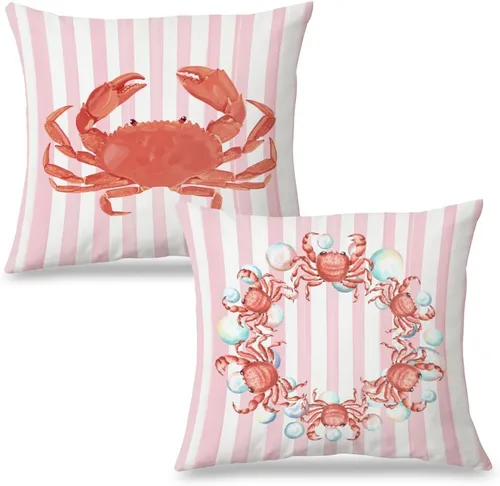 Vista 14 de Fundas de almohada costeras de langosta, fundas de almohada náuticas de langosta roja de Nueva Inglaterra con rayas azules y blancas para casa