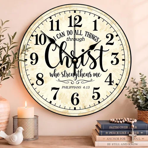 Vista 12 de Reloj de pared con versículo bíblico, con cita religiosa, reloj de madera, texto inspirador cristiano, reloj de madera rústico personalizado