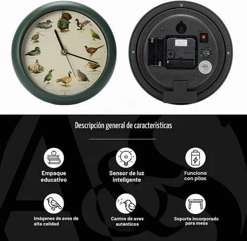 Vista 4 de Mark Feldstein, reloj cantando aves de caza salvaje de América del Norte, 8 pulgadas, verde