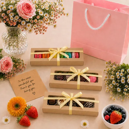 Vista 4 de NPLUX - Paquete de 25 cajas de macarrón marrón, 7.2 x 2.1 x 1.9 pulgadas para regalos hechos a mano The included ribbon saves an extra purchase
