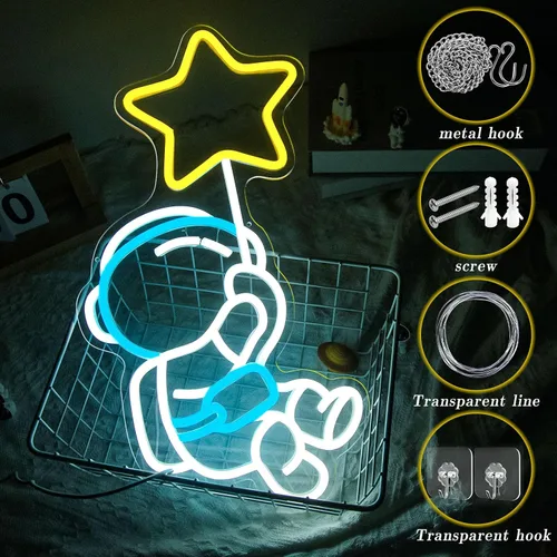 Vista 3 de Letrero de neón de estrella de astronauta, luz LED de neón para decoración de pared, regulable, astronauta sosteniendo estrellas, luces