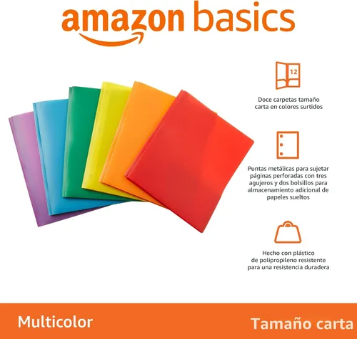 Vista 2 de Amazon Basics Carpetas de plástico coloridas resistentes con 2 bolsillos para papel tamaño carta, paquete de 12, colores surtidos