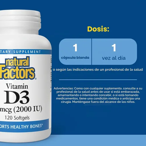 Vista 3 de Natural Factors, Vitamina D3 2000 UI (50 mcg), apoya huesos fuertes, músculos y función inmunológica, 120 cápsulas blandas