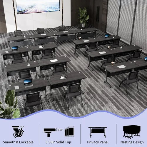 Vista 7 de Mesa de conferencias plegable con ruedas, mesa modular para sala de conferencias con 2 ojales para cables, mesas móviles de sala de reuniones