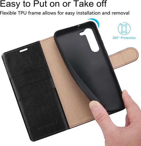 Vista 7 de Belemay Funda tipo cartera para Samsung Galaxy S24 – Funda protectora de piel auténtica con tapa – Tarjeteros con bloqueo RFID – Funda para teléfono