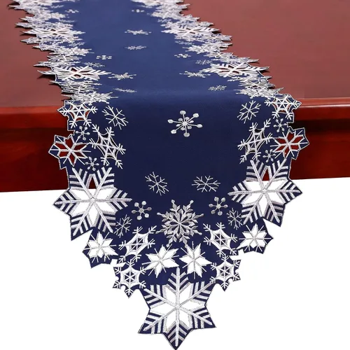 Vista 7 de Caminos de mesa bordados con copos de nieve para Navidad e invierno (azul marino, 14 x 69 pulgadas)