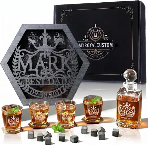 Vista 25 de Juego de decantadores de whisky personalizados para hombres, para el hogar, bar, decantadores de licor personalizados, caja de madera, vasos