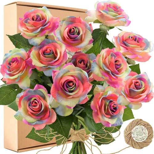 Vista 19 de FiveSeasonStuff 12 tallos de flores artificiales azul hielo, rosas de seda de tacto real para decoración de boda, en caja de regalo Azul helado