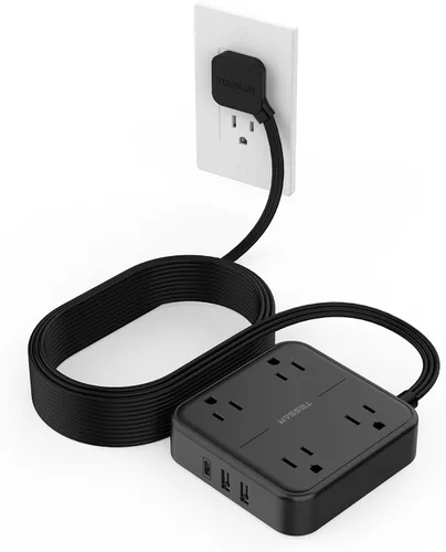Vista 16 de TESSAN Cable de extensión plano protector de sobretensiones de 1 pie, regleta de enchufe con anillo con 4 tomas, 3 puertos USB (1 USB C), protección